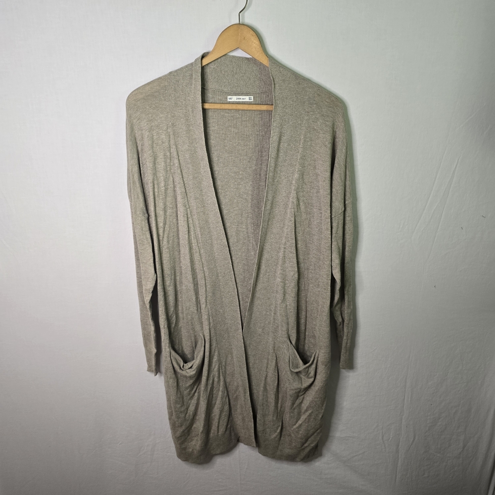 Zara Women’s Small Khaki Knit Open Front Long Cardigan Sweater